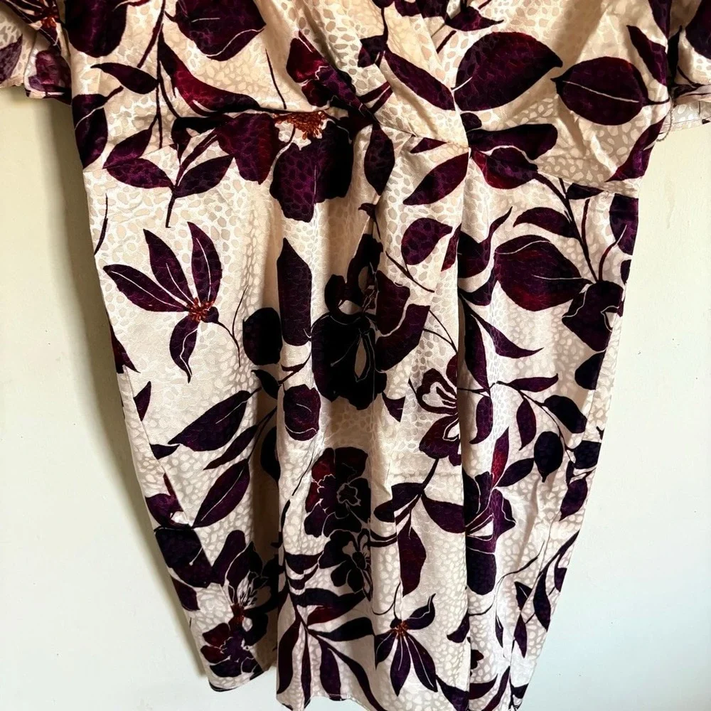 London Times Floral‎ Faux Wrap Dress Cream Burgundy Size 14